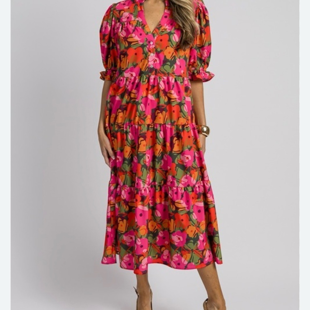 Pink and Yellow Maxi Sundress with Puff Sleeves